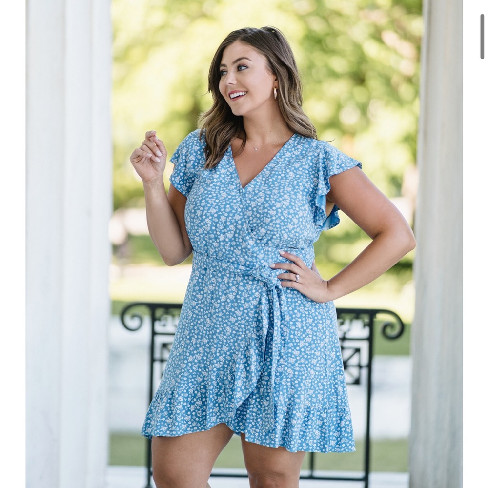 2 for $48 Blue Floral Wrap Dress